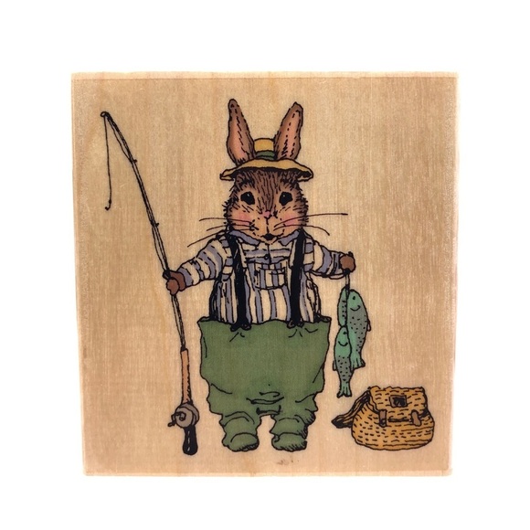 HOLLY POND HILL Susan Wheeler Rabbit Wood Rubber Stamp Edmund Fishing - Picture 1 of 5